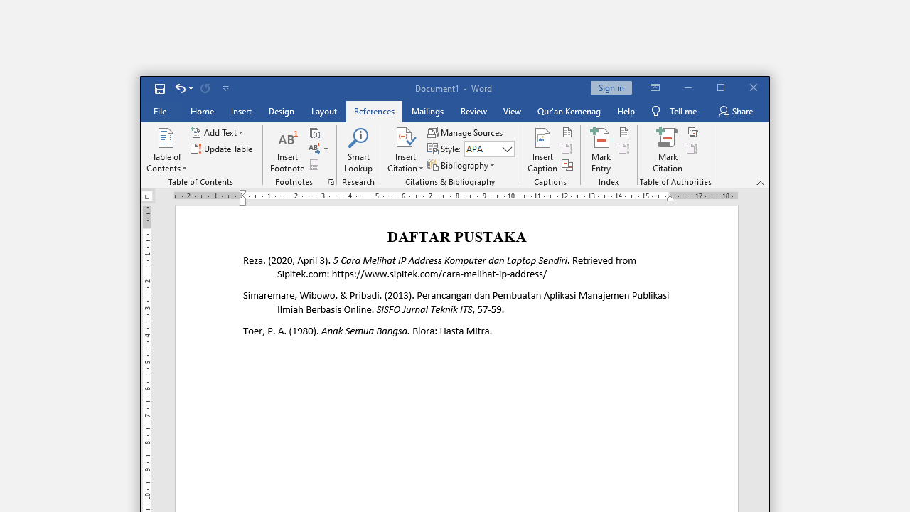 Cara membuat daftar pustaka di word