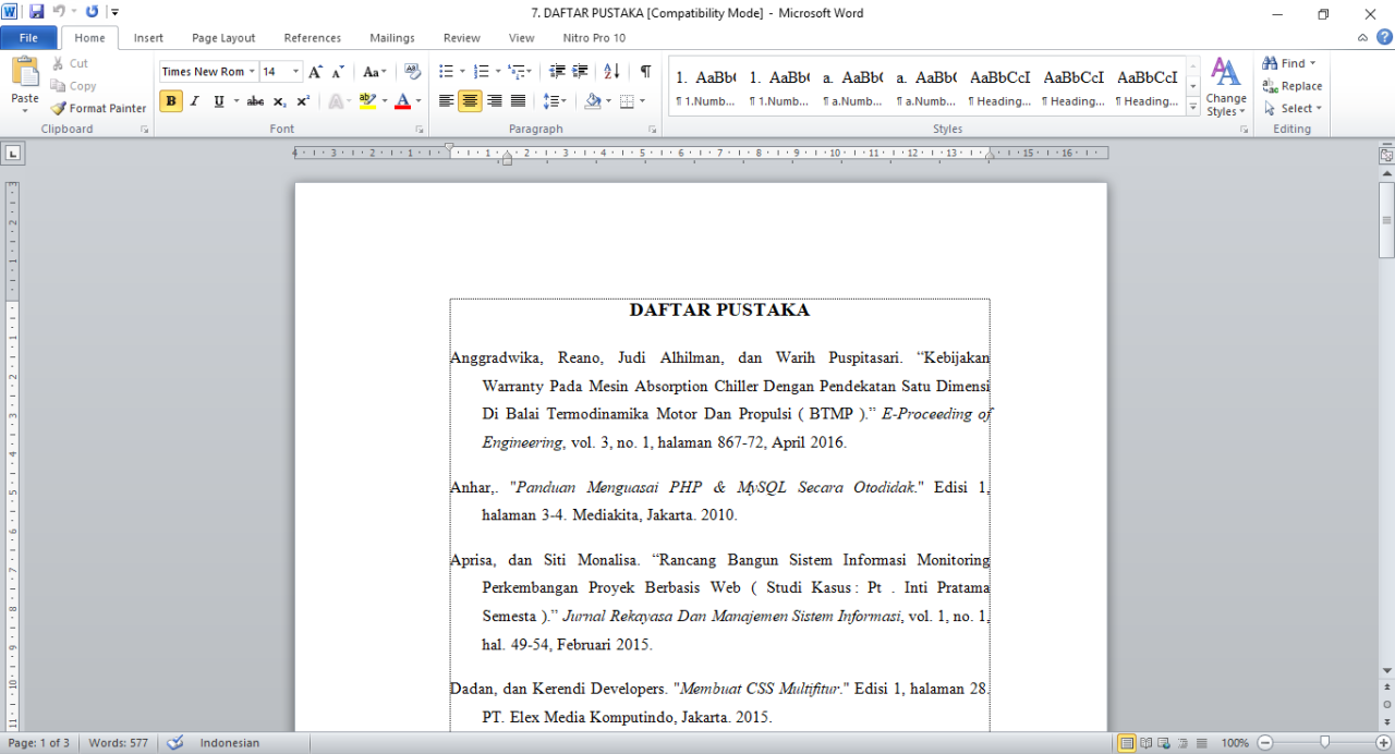 Cara membuat daftar pustaka di word